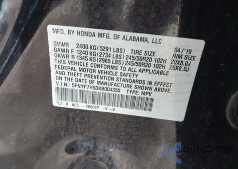 2019 Honda Passport Ex-L z USA, uszkodzony, nr VIN 5FNYF7H53KB004350